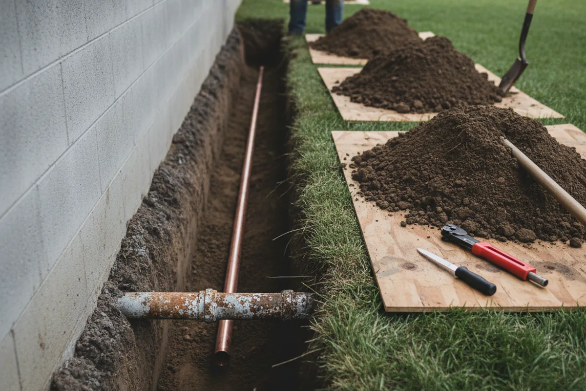 Excavated water line trench during Water Softener Installation in Pilot Rock